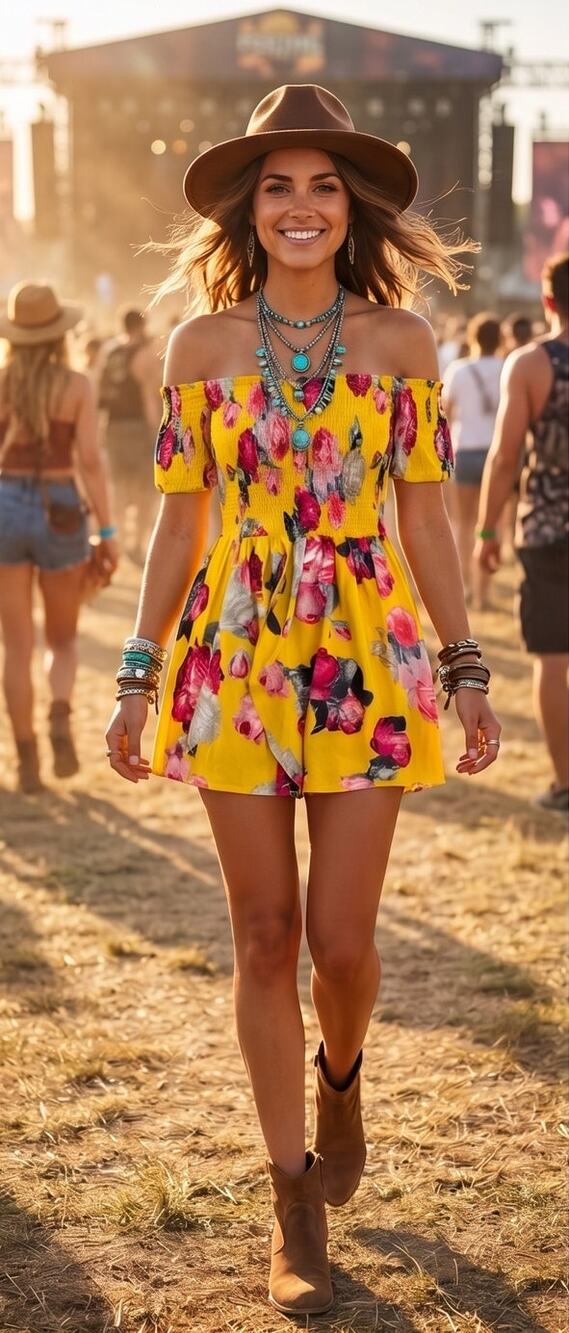 Jaase Yellow Floral Lrg Smocked Off Shoulder Mini Dress Overlay Boho Festival